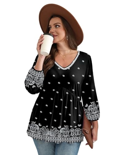 Image of OFEEFAN 3 /4 Length Sleeve Womens Tops 2026 Blouses for Women Dressy Casual Fashion Clothing V Neck Babydoll Tops Fall Outfits