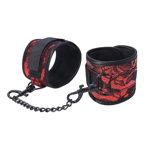 Image of Lace Blindfold and Faux-Fur-Lined Handcuffs Set, Red Soft Bondage Wrist Cuffs Kit Sex Play Toys for Adults