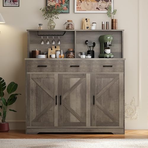 GarveeHome Farmhouse Sideboard Buffet with Microwave Stand, Barn Doors Buffet