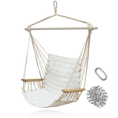 Rooity Hammock Chair Hanging Swing With Wooden Armrests;Steel Spreader Bar And Anti-Slip Rings;Cotton Woven Fabric;Up To 300 Lbs For Bedroom,Patio,Porch,Deck-Indoor Outdoor White #TOP3
