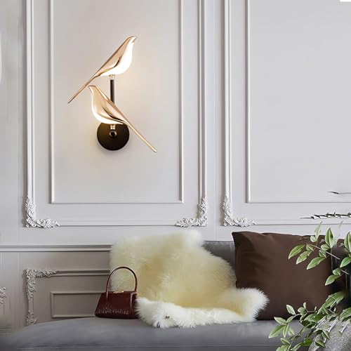Image of Modern Birds Wall Lamp Gold Wall Sconces Creative Bird Shap Metal Lamp Body with Acrylic Lampshade with Adjustable Angle Bedside Night Light for Bedroom, Living Room, Kitchen (D11 * H14.9 inch (2 head))