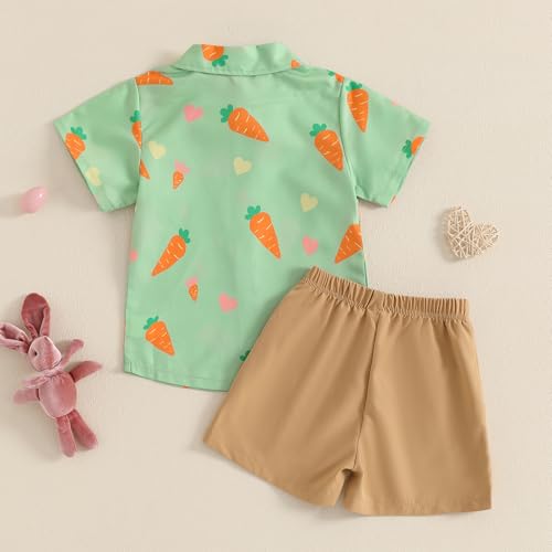 Image of Owl's-Yard Baby Boy Easter Outfits Rabbit Carrot Short Sleeve Button Down Shirts and Solid Color Shorts 2 Pcs Summer Set