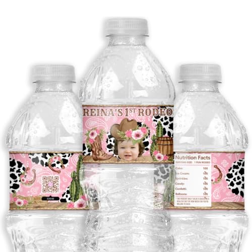 Girls Western Rodeo Birthday Water Bottle Label Stickers, Cowgirl Birthday Party Favors, Cow Print Party Supplies, My 1st Rodeo Birthday, Floral Farm Birthday Decorations, Pink Paisley Print