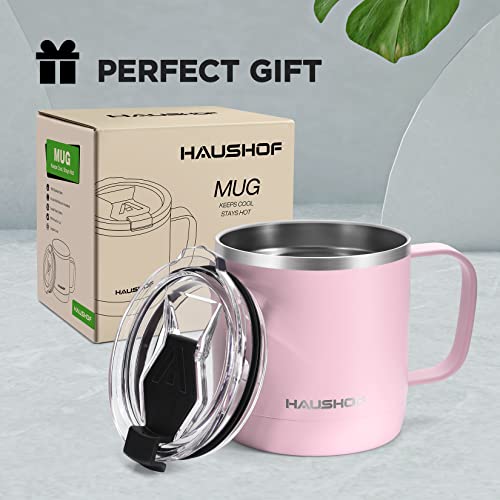 Haushof 14 Oz Coffee Mug, Insulated Coffee Mug With Handle, Travel Camping Cup, Portable Stainless Steel Coffee Cup, Insulated Coffee Cups With Lid, Pink #TOP6