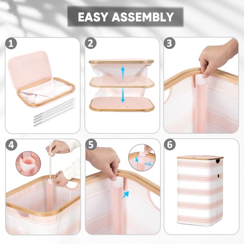 Image of BALEINE Laundry Hamper with Lid, Tall Laundry Baskets with Bamboo Pull Handles, Large Laundry Bin with Internal Support (26 Gal /100L, Pink Stripe)