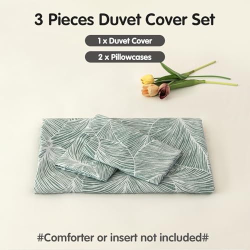 Image of Lekesky Emerald Green Duvet Cover King Size, Reversible King Comforter Cover with Tropical Leaves Pattern, Soft 100% Washed Microfiber 3 Pieces Green Bedding Set with Zipper and 2 Pillowcases