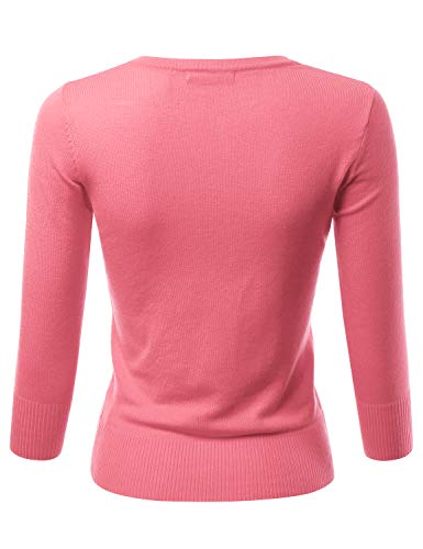 LALABEE Women's 3/4 Sleeve Crewneck Button Down Knit Sweater Cardigan Pink 3XL