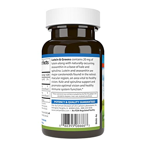 Carlson - Lutein & Greens, 20 Mg, Vision Support & Eye Function, Antioxidant, 60 Vegetarian Capsules #TOP2