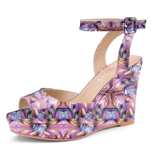 Image of Women's Dressy Platform Wedge Sandals Gold Wedges Peep Toe Patent High Heels Slingback Heeled Comfortable Ankle Strap Shoes