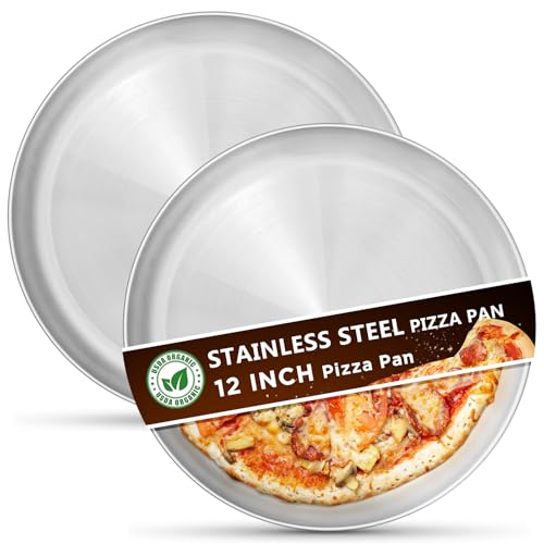 Kevenal Stainless Steel Pizza Pans 12 inch, Pizza-Pan for Oven, Steel Pizza Tray, Round Pizza Plate Set of 2 (Extra Thick)