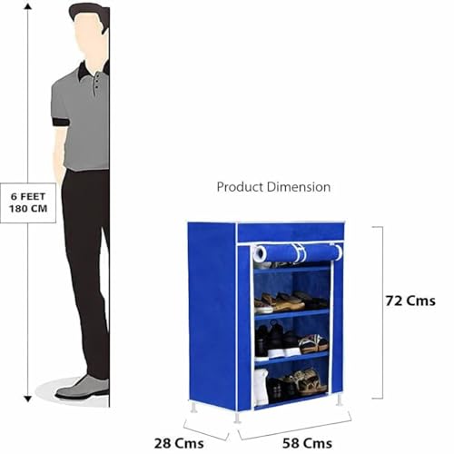 Image of EASY BUY 4 Shelves Shoe Rack Plastic Blue with Zip Door Cover & Side Pockets, Multiuse Storage Rack for Footwear, Toys, Clothes with Dustproof Cover 4 Shelves