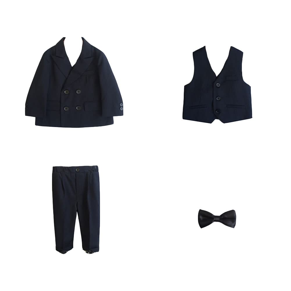 DAIHAN Jungen Ringträger Gestreifte Anzüge Hochzeit Partei-Formale Britische Kostüme Prom Smart Festival Smoking Sakko Blazer mit Blumenaccessoires und Hosen Kinder-Taufanzug-Outfits