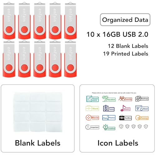Image of Enfain Red USB Flash Drive 16GB USB2.0 Memory Stick 10 PCS Thumb Drive Bulk Jump Drive Zip Drives, with Led Indicator, Plus 12 Removable Mark Labels (16 GB, Red, 10 Pack)