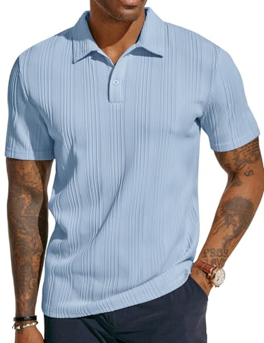 Mens Dress Shirts Textured Knit Polo Shirts Classic Fit Soft Golf Shirts Fashion Tops Light Blue