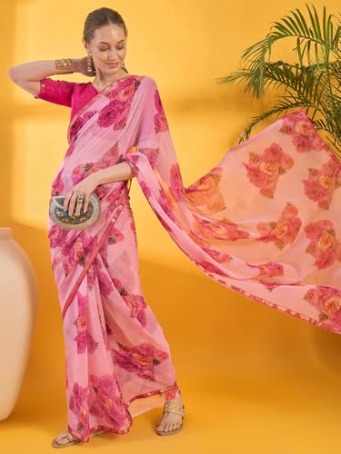 Image of SIRIL Women's Printed Chiffon Saree with Unstitched Blouse Piece