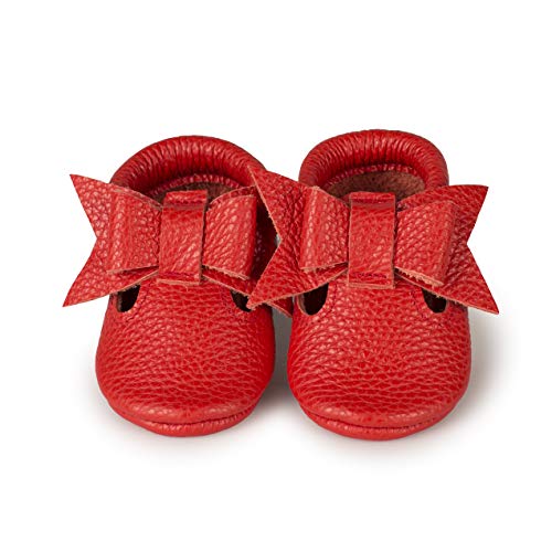 T-Strap Bow Baby Moccasins (Italian Leather) Soft Sole Shoes for Boys and Girls | Infants, Babies, Toddler (Red, Numeric_1_Point_5)