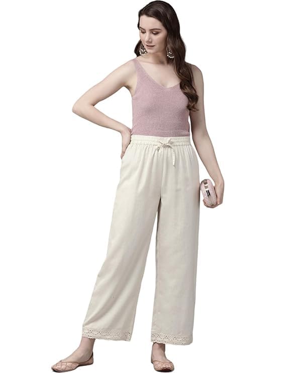Image of Women's Off-White Wide Leg Palazzo Pants with Elastic Drawstring Waist, Lace Hem, Cotton Blend - Flowy Boho Lounge Trousers, Casual Summer Pants, Loose Fit Beach Yoga Pants