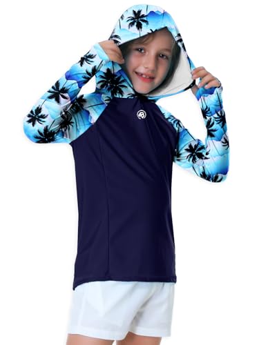 Image of AOBUTE Unisex Kids Long Sleeve Hoodie Rash Guard Boys UPF 50+ Swim Top with Thumb Hole 3-12 Years