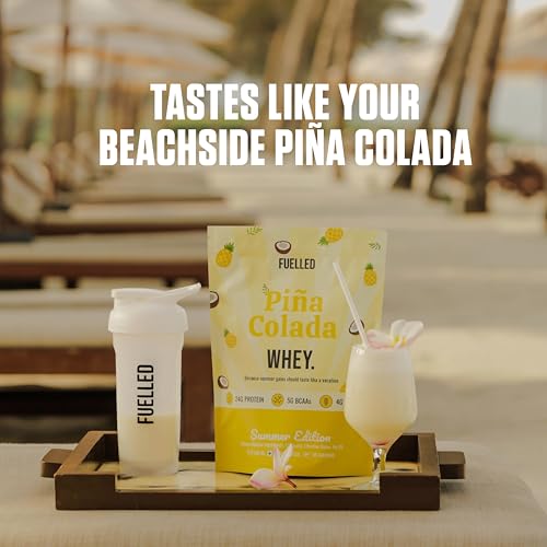 Image of FUELLED Whey Protein Powder with 24g Protein, 5g BCAAs, Pina Colada Flavour, 3 kg, 90 Servings, Gluten Free, Post Workout Recovery Supplement