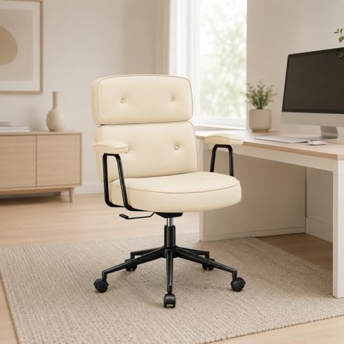 Image of Ergonomic Home Office Desk Chair, PU Leather Computer Chair with Lumbar Support, Adjustable Height, 360 Swivel Rolling Wheels, Executive Task Chair for Office, Gaming, Meeting Room, Beige