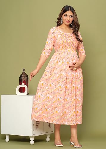 Image of Maternity Feeding Kurti for Women | Cotton Blend Anarkali Dress with Nursing Zip for Pre & Post Pregnancy