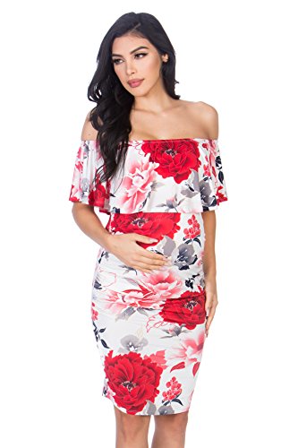 My Bump Womens Off Shoulder Maternity Dress - Ruched Ruffle Off Shoulder Baby Shower Pregnancy Dress (Made in USA) (Medium, Ivory/Red Flower)
