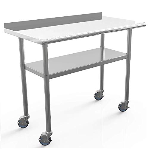 Commercial Work Table NSF Stainless Steel Table 48 x 24 Inches Heavy Duty Workbench Industrial Restaurant Food Work Tables for Shop Worktop with 1 1/2" Backsplash /4 Caster Wheels