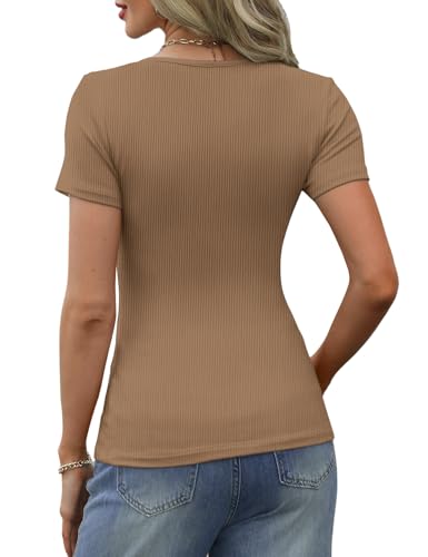 GKBK Fitted Short Sleeve Shirts for Women Ribbed Scoop Neck Fitted Tight Basic Tee Tshirts 2025 Spring Summer Tops Trendy Outfits Light Khaki S — view 4