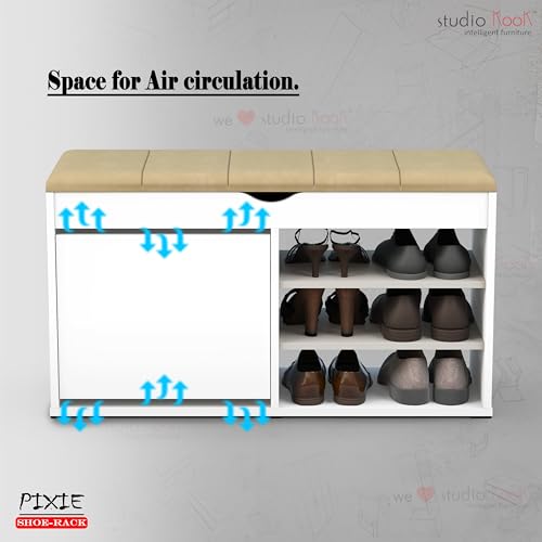 Image of Studio Kook Pixie Shoe Cabinet, Engineered Wood, 14 Pairs Capacity, Cushioned Top, Matte Finish (Moonshine White)
