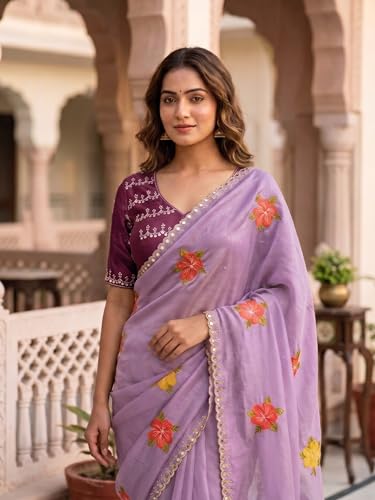 Image of Handcrafted Floral Embroidered Saree with Contrast Blouse