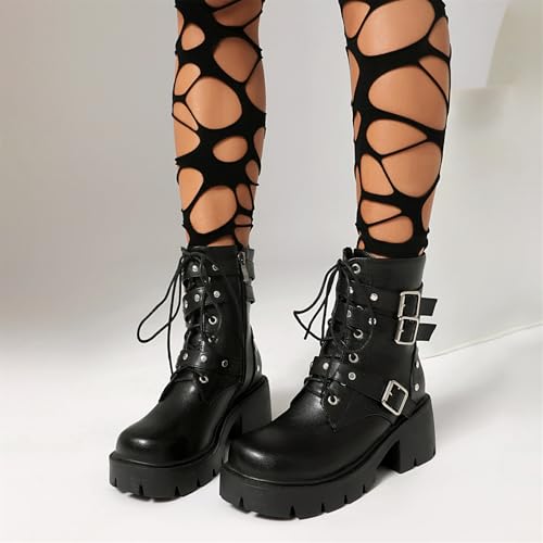 Image of FOREADA Goth Boots Chunky Heel Boot For Women Ankle Combat Booties Black Platform Bootie Buckle Rivets Punk Goth Shoes With Zipper