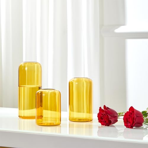 Image of ZENS Glass Bud Vase Set of 3, Hand Blown Small Amber Bud Vases for Flower Decorative, Modern Cylinder Clear Glass Vase for Wedding,Living Room Home Decor