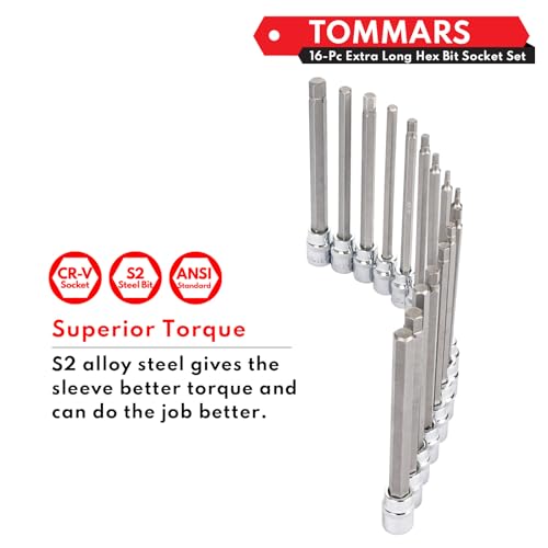 Image of TOMMARS 16-Pc Long Hex Bit Socket Set, Extra Long Allen Socket Set, CR-V and S2 Steel, SAE & Metric 1 /8-3 /8 in., 3-10 mm.