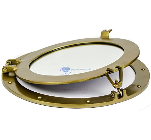 Nagina International Powder Coated Antique Vintage Nautical Premium Aluminum Pirate's Ship's Porthole Mirrors| Exclusive Wall Decor Accent 30 Inches, Antique Brass (Mirror) #TOP4