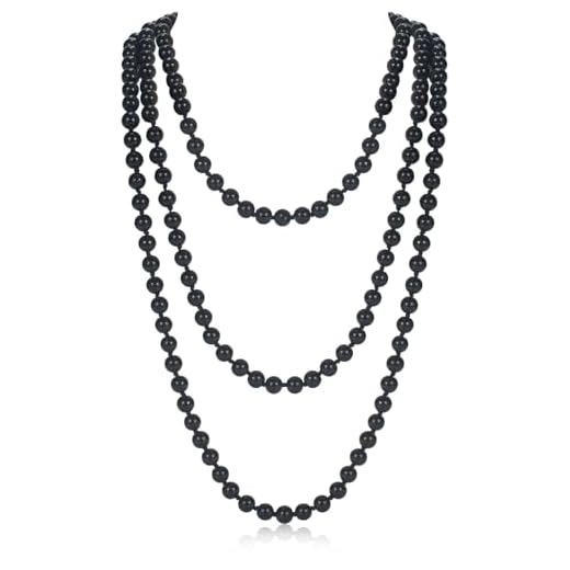 GHGMAO Colares de pérolas longas para mulheres, colar de pérolas falsas pretas de 150 cm, colar de pérolas longas para festa de casamento, bijuteria Gatsby dos anos 20, 59", Pérola sintética, Sem