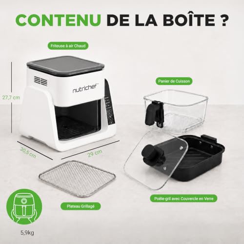 Friteuse À Air Avec Gril – Air Fryer À Bol En Verre & Gril Double Niveau 8 Programmes - vue 8