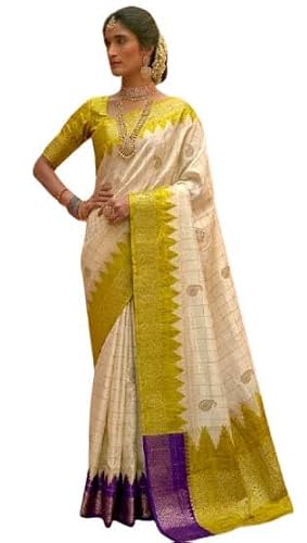 Mysore Silk Saree Traditional Design With Blouse - White Yellow