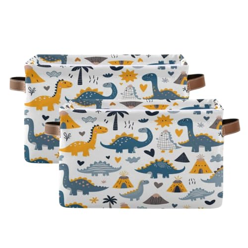 Plaaee Storage Basket Cartoon Dinosaur Pattern Open Home Organizer Bins Storage Baskets with PU Handles – Collapsible Organizing Box for Closet & Shelf 1pack