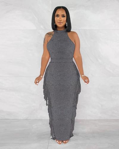 Image of 2 Piece Outfits for Women Sexy Halter Neck Sleeveless Crop Tops Ruched Bodycon Dresses Jumpsuits Fringe Skirt Sets
