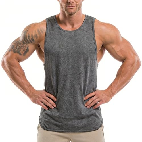 Magiftbox Men's Extended Scoop Stringer Tank Top, Curved Hem Muscle Gym Shirt for Bodybuilding & Workout, Soft Athletic Performance Tee T05_Dark-Gray_US-M