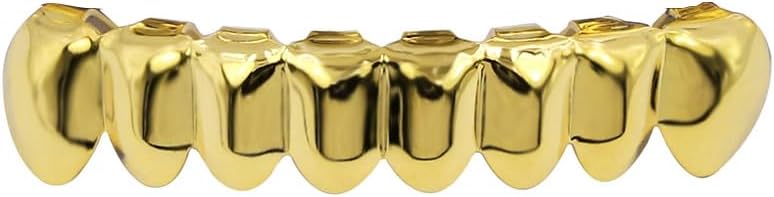 JINAO 18K Gold Plated Gold Finish 8 Top Teeth 8 Bottom Tooth Hip Hop Mouth Grills for Men and Women
