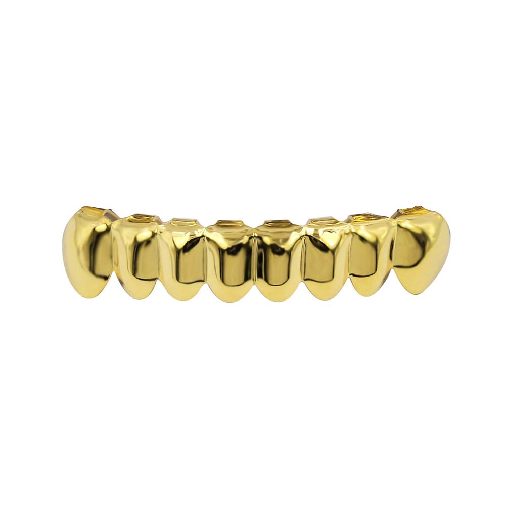 JINAO Grillz Teeth Men - Grills for Your Teeth 8 Top & Bottom Set, 18K Gold-Plated Brass Dental Grills with Molding Bars, Unisex Hip-Hop Rapper Costume Accessory