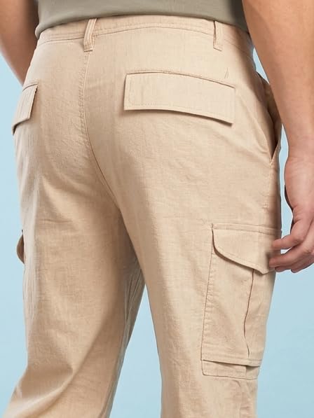 Image of Vogaan Men Cotton Linen Blend Cargo Pants | Mid Rise Regular Fit Casual Trousers | Multi Pocket Utility Bottom Wear | Comfortable Breathable Fabric Travel Outdoor Styling