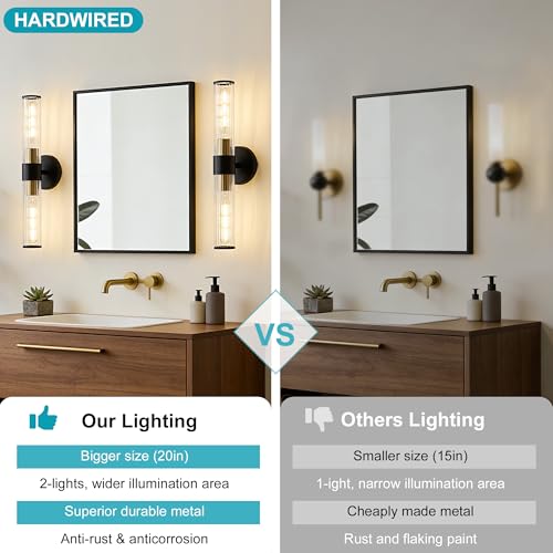 Image of Bathroom Light Fixtures 2 Pack Hardwired, Black Gold Wall Sconce Threaded Glass Vanity Light Featuring Two E26 sockets, Bathroom Wall Light Dimmable - Bulb Not Included, UL Certification