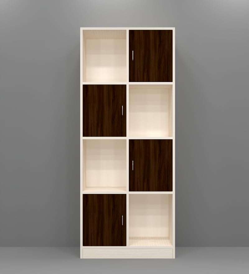 Image of SPECIALITY PANELS 8 Cube Bookshelf with Shutters, White and Brown, 176x73x35 cm, 4 Open and 4 Closed Shelves, Carpenter Assembly Provided