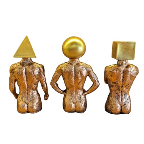 Image of Geometric Marvel MuscleCraft Accent Statue Set of 3 | Gold Stone Body with Golden 3D Triangle, Sphere, or Square Head(Human Body)