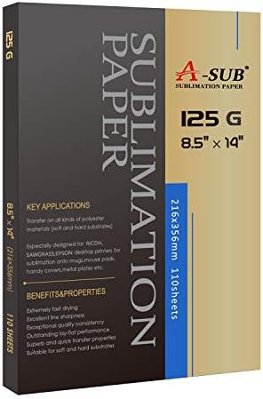 A-SUB Sublimation Paper 8.5x14 Inches 110 Sheets for Any Inkjet Printer which Match Sublimation Ink 125g