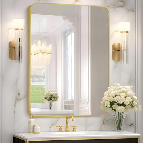 COFENY Espejo de baño, espejo rectangular dorado de 24 x 36 pulgadas, espejo enmarcado de pared con esquina redonda para dormitorio, sala de estar, entrada para colgar horizontal o vertical