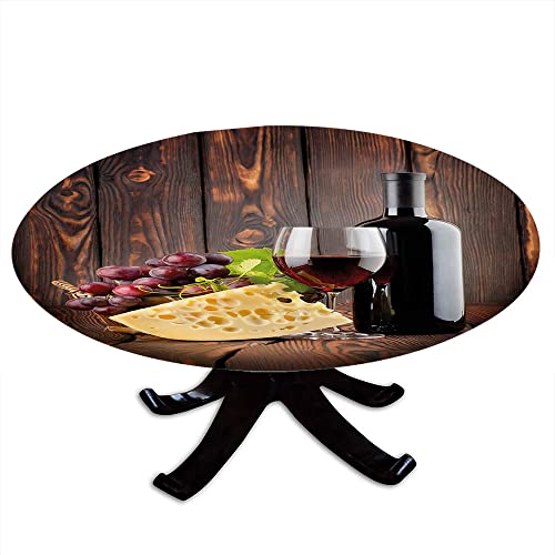 Mantel redondo de vino con borde elástico, botella de vino tinto y estampado de queso y uvas en tablones de madera, diseño de impresión 3D, mantel de decoración de mesa, fiesta de buffet y camping,