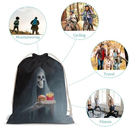 Ghost Holding Cheeseburger And Fries Drawstring Backpack Canvas String Bag Lightweight Sports Gym Bag for Men Women3